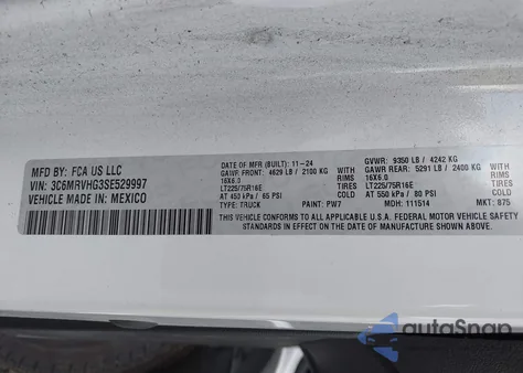 2025 Ram Promaster 3500 Tradesman High Roof 159 Wb W/Pass Seat из США, поврежденный, VIN 3C6MRVHG3SE529997